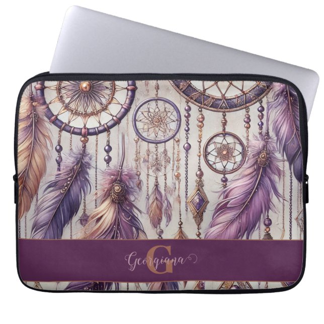 Personlig Lila & Guld Boho Dreamcatchers Laptop Fodral (Framsidan)
