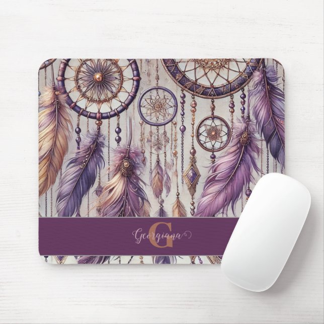 Personlig Lila & Guld Boho Dreamcatchers Musmatta (Med mus)