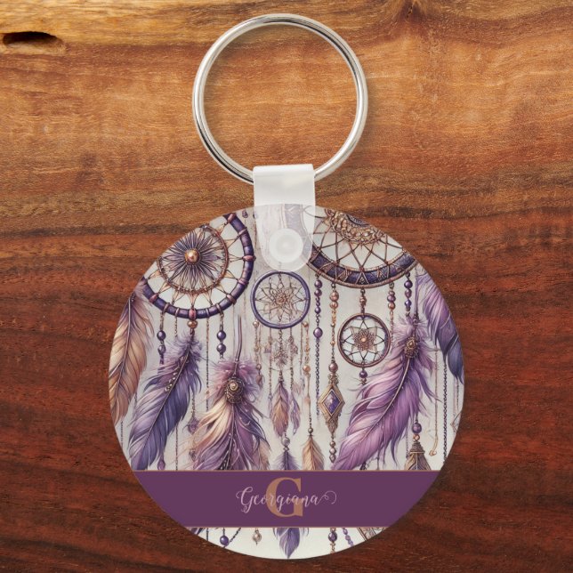 Personlig Lila & Guld Boho Dreamcatchers Nyckelring (Framsida)