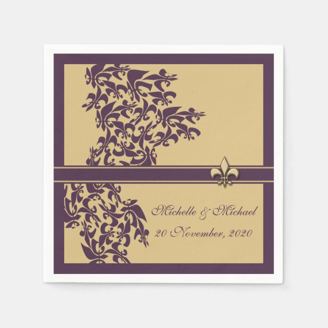 Personlig Lila Guld Fleur de Lis Damask Stil Pappersservett (Framsidan)