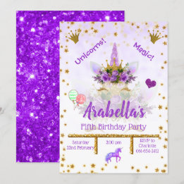 Personlig Lila, Guld Stars Unicorn Birthday Inbjudningar