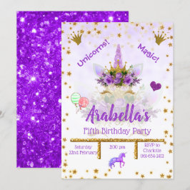 Personlig Lila, Guld Stars Unicorn Birthday Inbjudningar