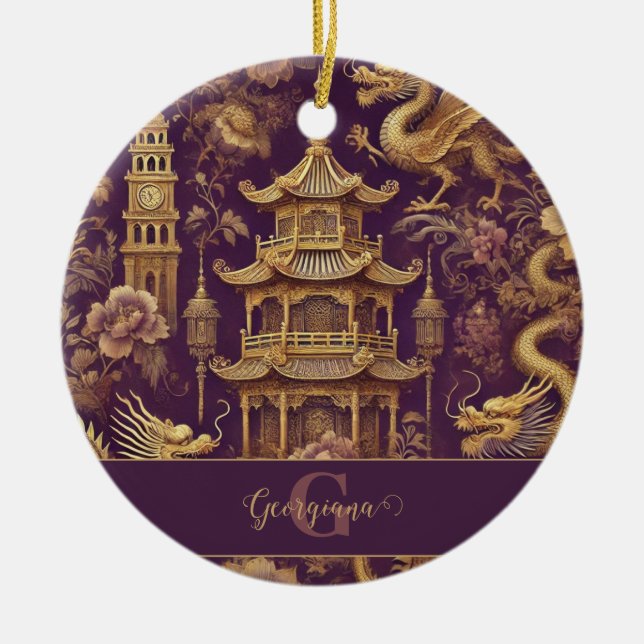 Personlig Lila & Guld Victorian Chinoiserie Julgransprydnad Keramik (Framsidan)