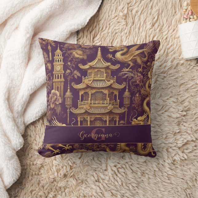 Personlig Lila & Guld Victorian Chinoiserie Kudde (Filt)