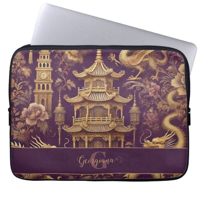 Personlig Lila & Guld Victorian Chinoiserie Laptop Fodral (Framsidan)