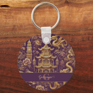Personlig Lila & Guld Victorian Chinoiserie Nyckelring
