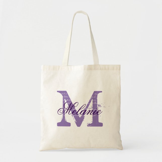 Personlig lila monogram bröllop tote bag tygkasse (Framsidan)