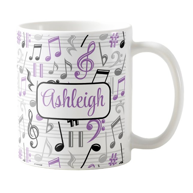 Personlig Lila Music Mönster Mugg (Personalized Purple Music Pattern Mug at Amy's Coffee Mugs on Zazzle. )