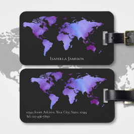 Personlig lila och svart akvarell världskarta bagagebricka