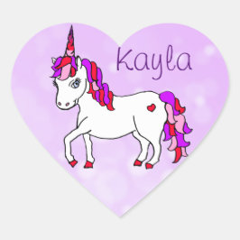 Personlig Lila Rainbow Horned Unicorn Heart Hjärtformat Klistermärke