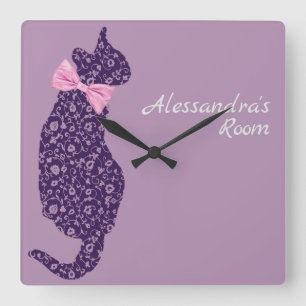 Personlig Lila Snöre Cat Silhouette Lavender Fyrkantig Klocka