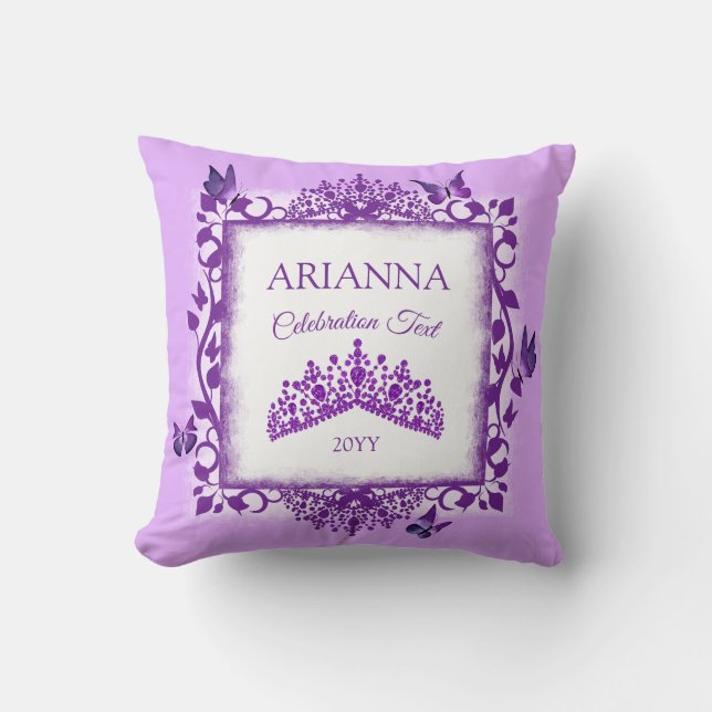 Personlig lila tiara & fjärilar souvenir kudde (Framsida)