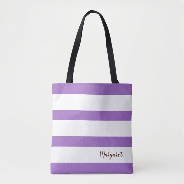 Personlig Lila & Vitstripe Tote Bag Tygkasse (Framsida)