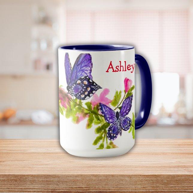 Personlig Lila Watercolor Butterfly & Flowers Mugg (Personalized Purple Watercolor Butterfly & Flowers Mug)