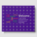 Personlig Lila WELCOME Hebrew Gästböcker<br><div class="desc">Behålla minnet av dina speciella sammankomster levande genom att samla in dina gästers tankar i detta subtilt snyggt ROYAL LILA och grått Guest Bok. Platshållartexten är anpassade, så du kan ändra beskrivningen, t.ex. till din familj namn etc. Ord KÄRLEK JOY PEACE är också skrivet i hebreiska (och färg-kodade). Passar för...</div>