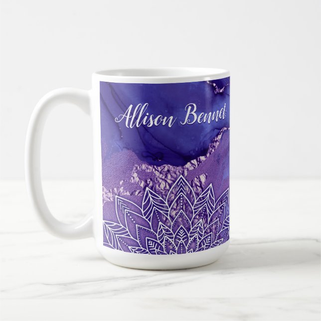 Personlig Lila White Watercolor Mandala Kaffemugg (Vänster)