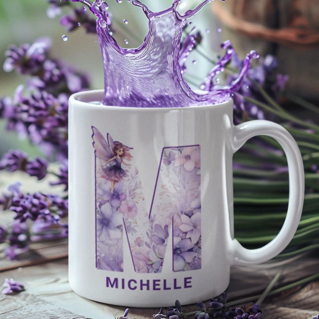 Personlig Lilac Fairy Monogram M Kaffemugg (Personalized Lilac Fairy Monogram M Coffee Mug)