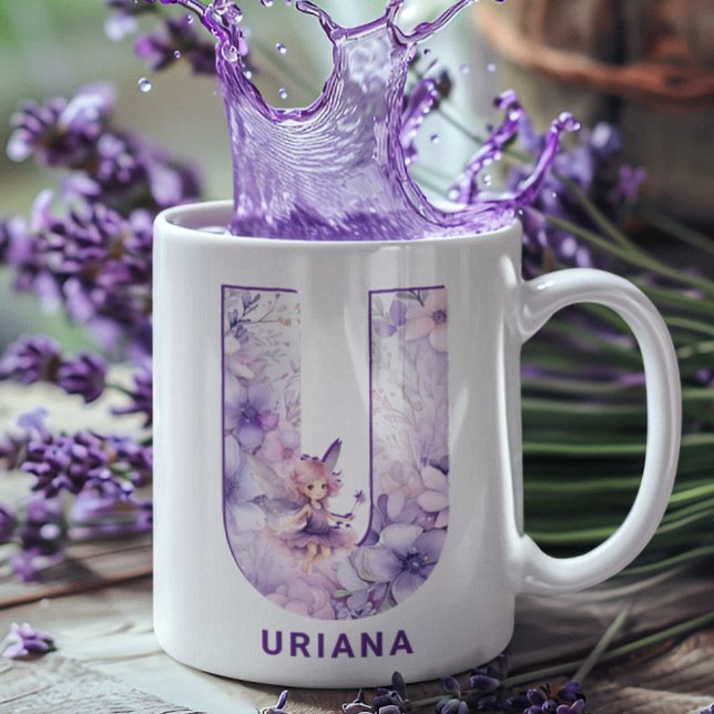 Personlig Lilac Fairy Monogram U Kaffemugg (Personalized Lilac Fairy Monogram U Coffee Mug)