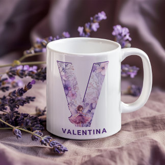 Personlig Lilac Fairy Monogram V Kaffemugg