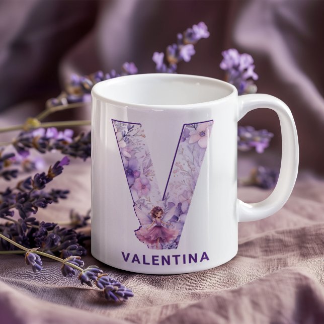 Personlig Lilac Fairy Monogram V Kaffemugg (Personalized Lilac Fairy Monogram V Coffee Mug)