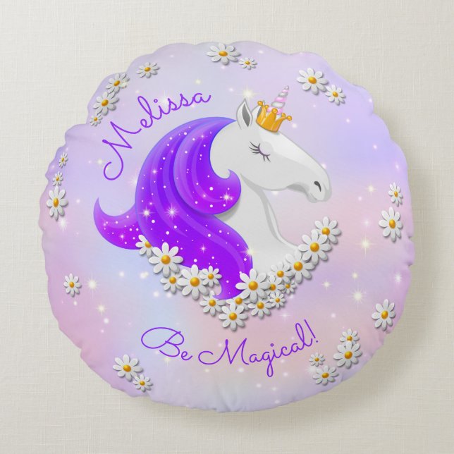 Personlig Lilac Magic Unicorn Princess Rund Kudde (Framsidan)