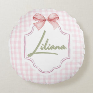 Personlig Liliana Flicka Nursery Bow&Gingham Rund Kudde