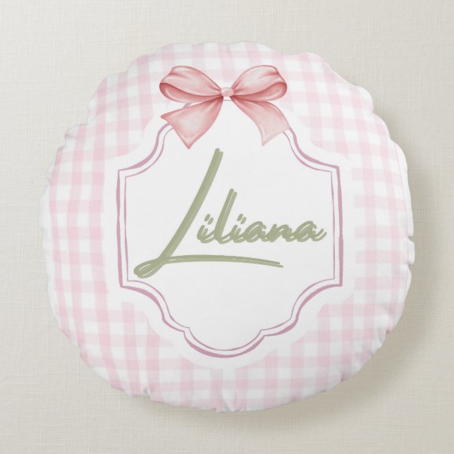 Personlig Liliana Flicka Nursery Bow&Gingham Rund Kudde (Framsidan)