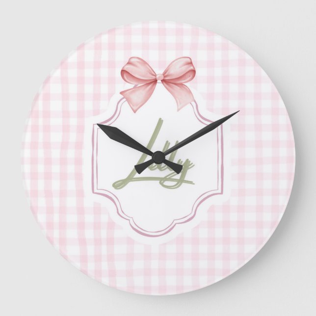 Personlig Lilly Flicka Nursery Bow&Gingham Stor Klocka (Framsida)