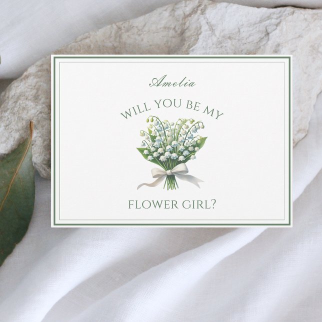 Personlig Lily of the Valley Bow Flower Girl Kort (Personalized flower girl card with a lily of the valley design, perfect for chic garden wedding.)