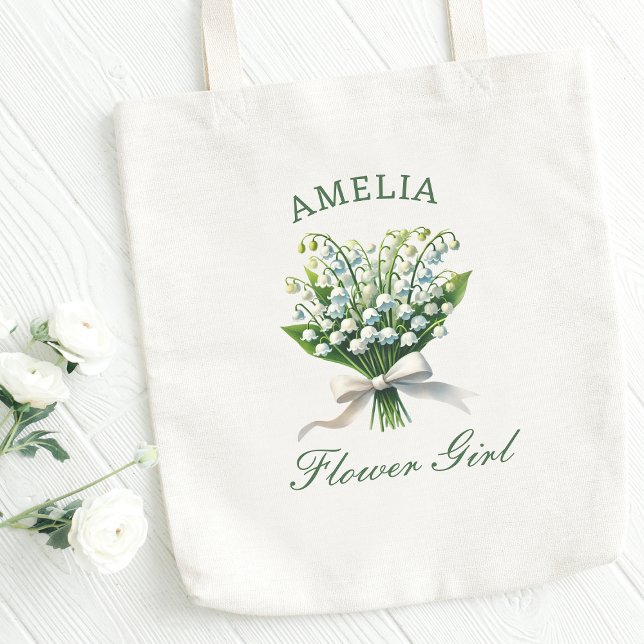 Personlig Lily of the Valley Bow Flower Girl Tygkasse (Personalize this elegant flower girl tote with lily of the valley blooms—perfect for your big day!)