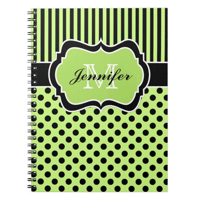 Personlig Lime Black White Stripe Polka dots Anteckningsbok (Framsidan)