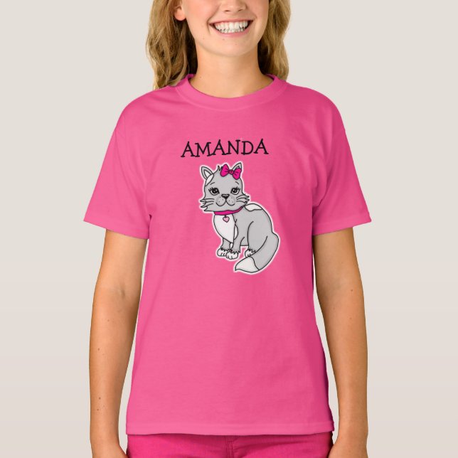 Personlig Little Girl's Grått Kitten med Bow to T Shirt (Framsida)