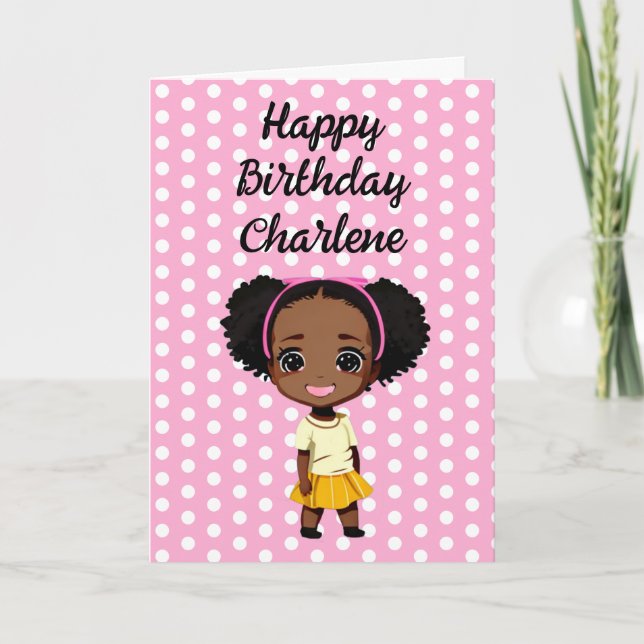 Personlig Little Tecknad Girl Rosa Birthday Kort (Framsida)