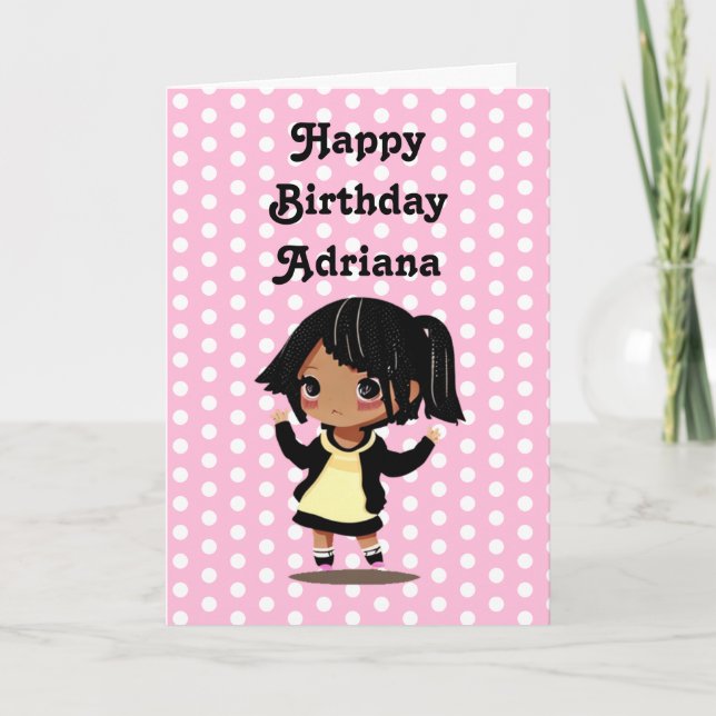 Personlig Little Tecknad Girl Rosa Birthday Kort (Framsida)