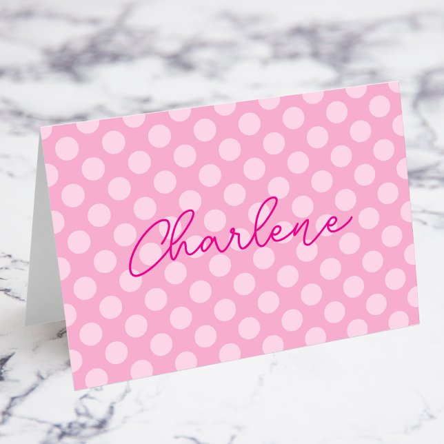 Personlig Ljus rosa Polka-stativ i Namn Bordsnummer (Personalized Light Pink Polka Dot Name Place Cards)