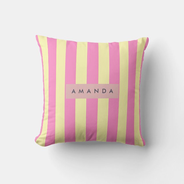 Personlig ljusrosa och gul randig kudde (Framsida)