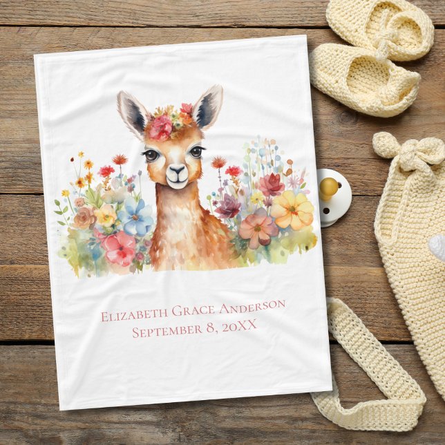 Personlig Llama Wildblommor Watercolor Baby Fleecefilt (Llama Floral Watercolor Baby Blanket, with personalized name and birthday. Baby shower gift)