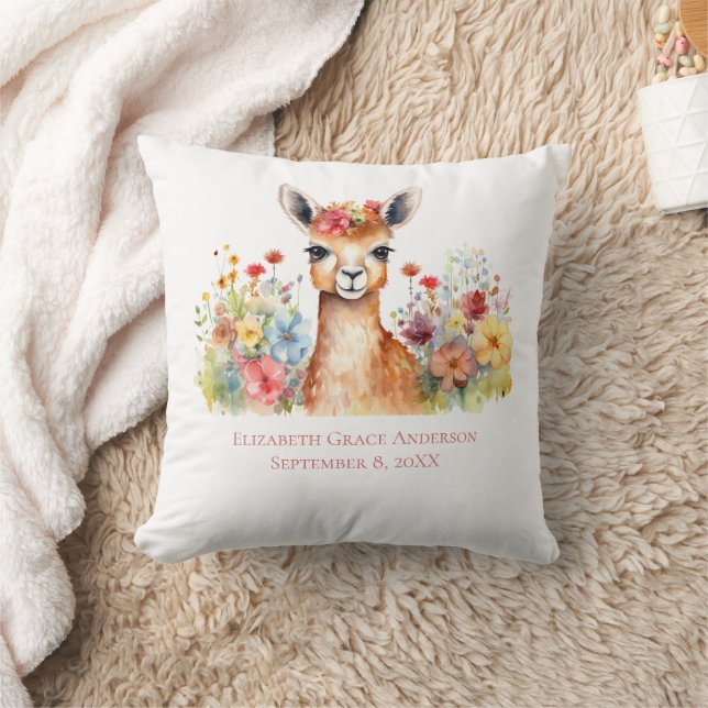 Personlig Llama Wildblommor Watercolor Baby Kudde (Filt)
