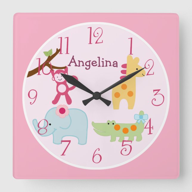 Personlig Lollipop Jungle Animals Nursery Clock Fyrkantig Klocka (Framsida)