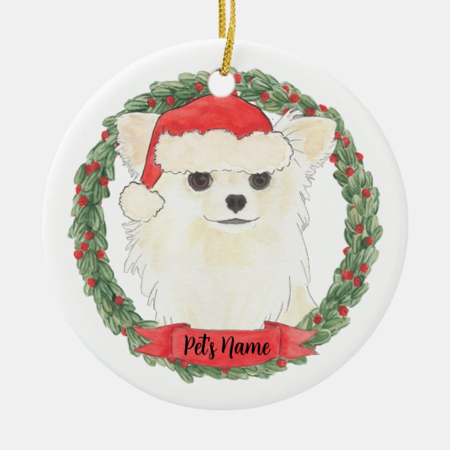 Personlig Long-Halls White Cream Chihuahua Julgransprydnad Keramik (Framsidan)