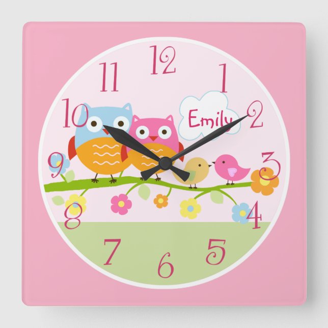 Personlig Love birds och Uggla om Gren Clock Fyrkantig Klocka (Framsida)