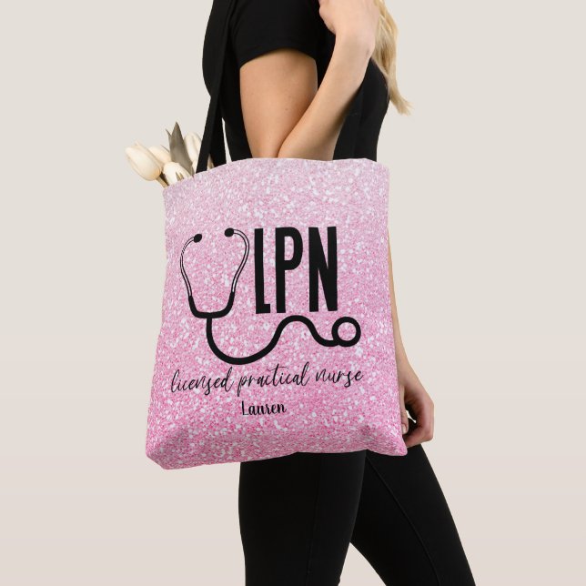 Personlig LPN Nurse Rosa Glitter Tote Bag Tygkasse (Närbild)