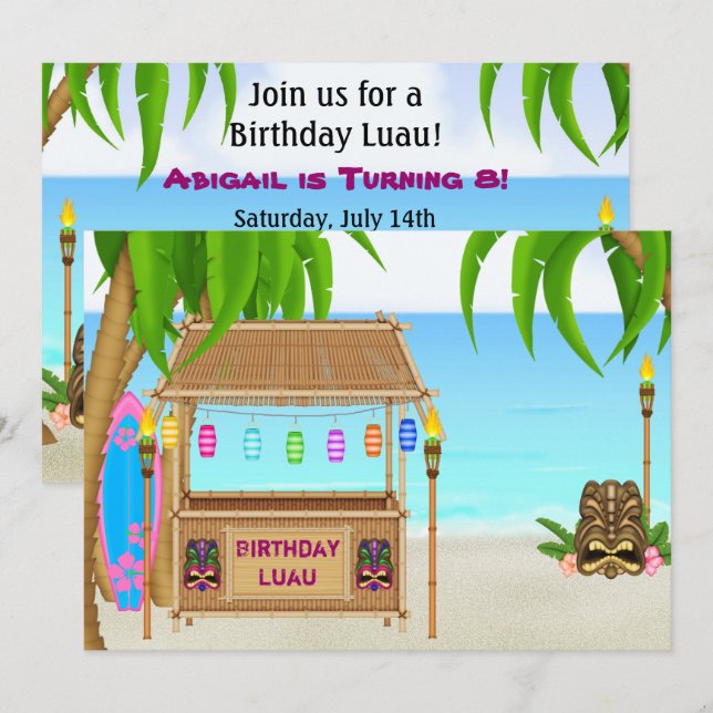 Personlig Luau Girls Beach Birthday-inbjudan Inbjudningar (Fram/baksida)
