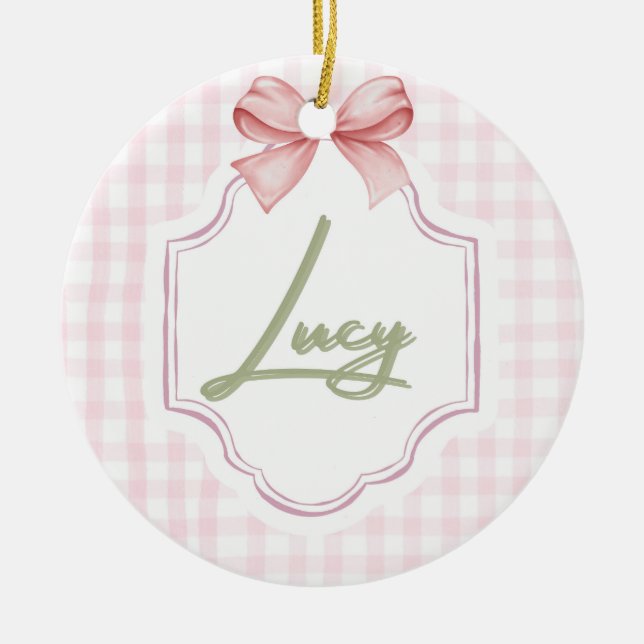 Personlig Lucy Flicka Nursery Bow&Gingham Julgransprydnad Keramik (Framsidan)