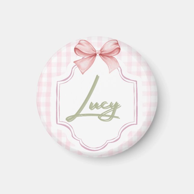 Personlig Lucy Flicka Nursery Bow&Gingham Magnet (Framsidan)