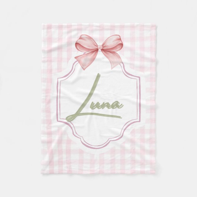 Personlig Luna Flicka Nursery Bow & Gingham Fleecefilt (Framsidan)