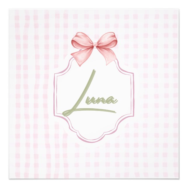Personlig Luna Flicka Nursery Bow & Gingham Fototryck (Framsidan)