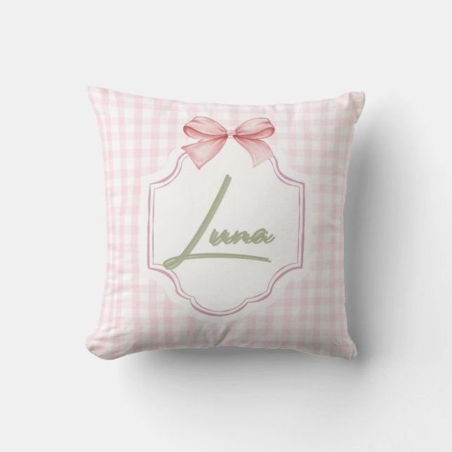 Personlig Luna Flicka Nursery Bow & Gingham Kudde (Framsida)