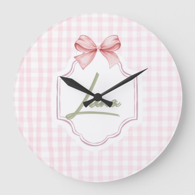 Personlig Luna Flicka Nursery Bow & Gingham Stor Klocka (Framsida)