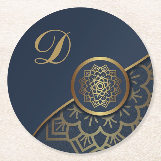 Personlig Luxury Guld Mandala Art Blue Underlägg Papper Rund (Framsidan)